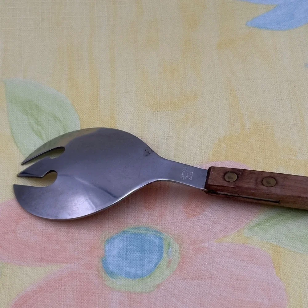 Vintage Mid Century Salad Fork Stainless Steel Wood Handle Japan MCM 13 inch